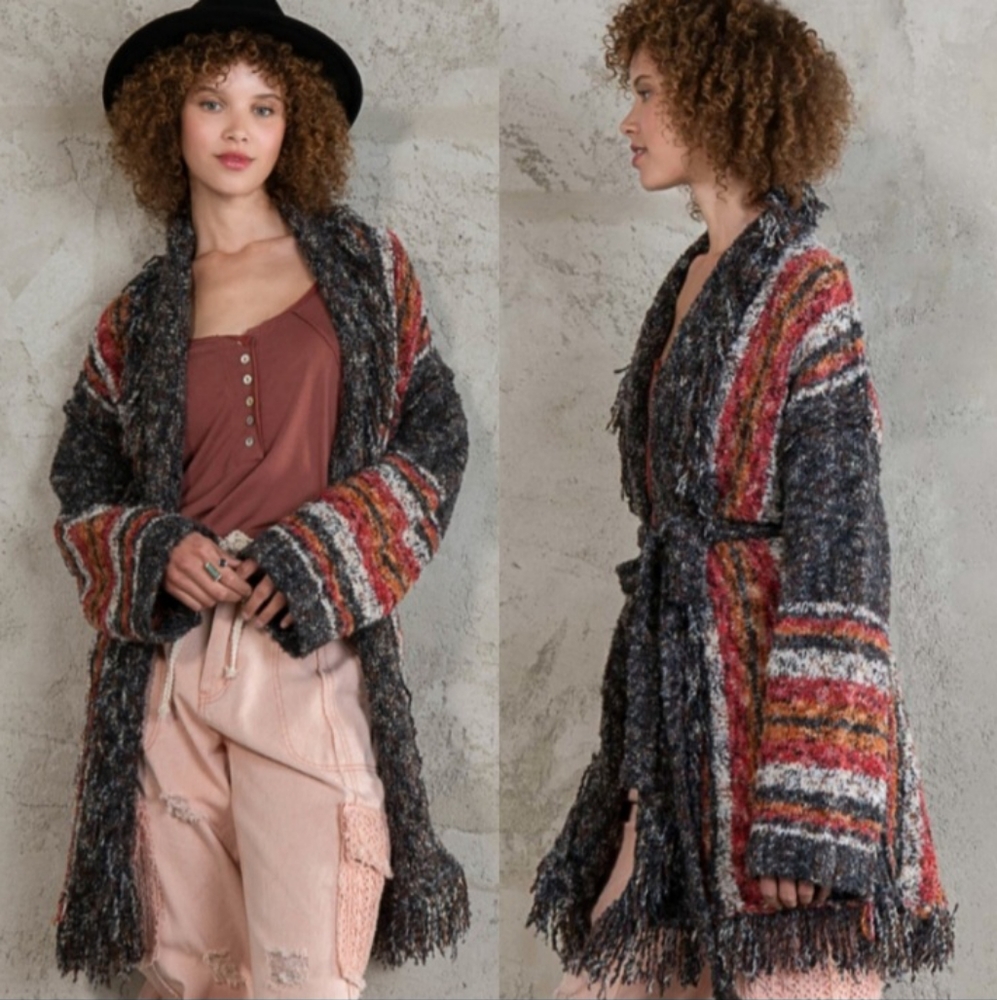 POL Belted Fringe Cardigan Sweater sz med - Picture 4 of 7